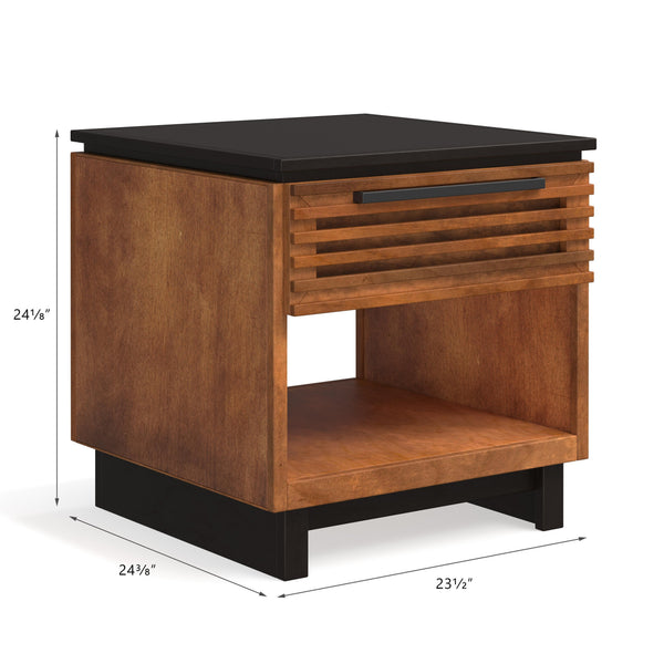 English Elm 24" Scandinavian Side Table in Black & Bourbon Finish, Poplar/Okume Craft, Drawer + Shelf, Ready B108131541