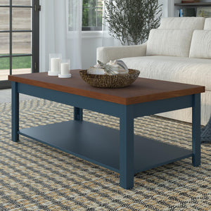 English Elm 48 inch Coffee Table Blue Denim & Whiskey Two-Tone Farmhouse Poplar Top with Shelf, Casters, Ready-to-Use B108131555