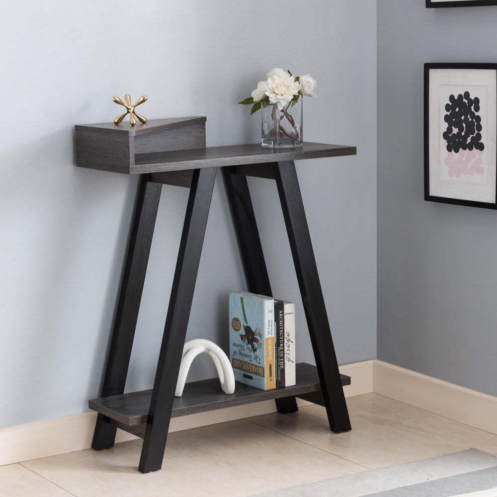 English Elm Contemporary Two-Toned Console Table With Angled Legs & Dual Shelves - Perfect For Modern Spaces B107131391