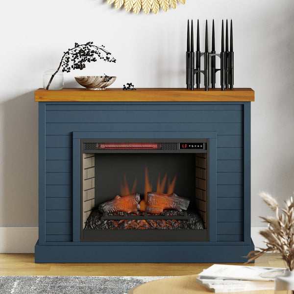 English Elm 48 Inch Fireplace Mantel with Shiplap Panels and Plank Top, Two-Tone Farmhouse Charm, Electric Heat Blue B108131559