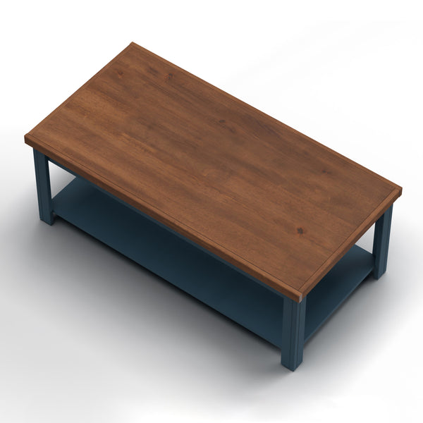 English Elm 48 inch Coffee Table Blue Denim & Whiskey Two-Tone Farmhouse Poplar Top with Shelf, Casters, Ready-to-Use B108131555