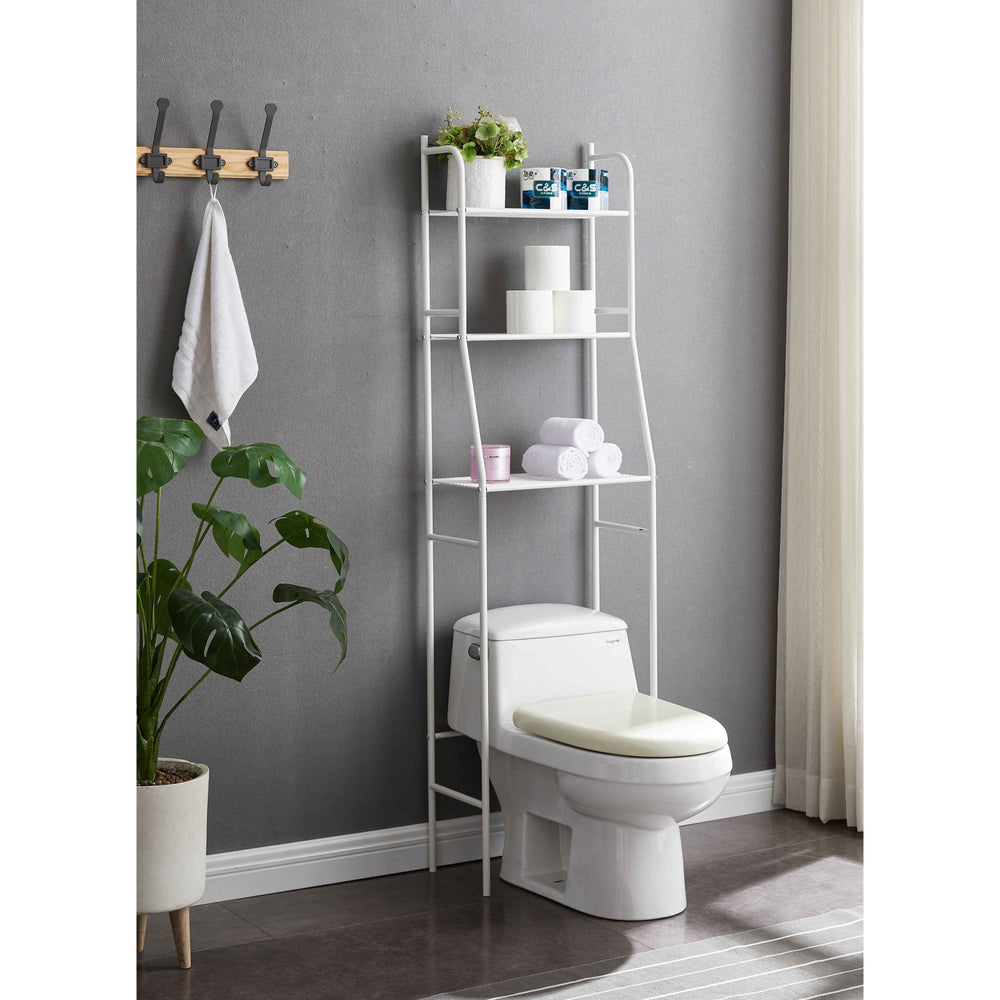 English Elm Three Tier Over-the-Toilet Storage Shelf White – Heavy-Duty Metal Etagere, 3 Slat Shelves, Sturdy Curved Design B107131419