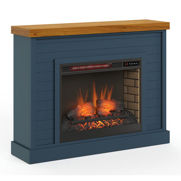 English Elm 48 Inch Fireplace Mantel with Shiplap Panels and Plank Top, Two-Tone Farmhouse Charm, Electric Heat Blue B108131559