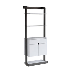 English Elm Contemporary Slim Bookcase White & Grey with 4 Open Shelves, Drawer on Metal Glides & 2 Cabinets B107131398