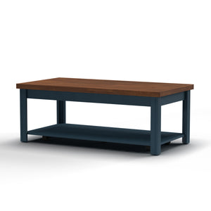 English Elm 48 inch Coffee Table Blue Denim & Whiskey Two-Tone Farmhouse Poplar Top with Shelf, Casters, Ready-to-Use B108131555