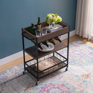 English Elm Rolling Metal Kitchen Cart with Wine Rack Tiered Shelving and Industrial Two-tone Finish B107131418