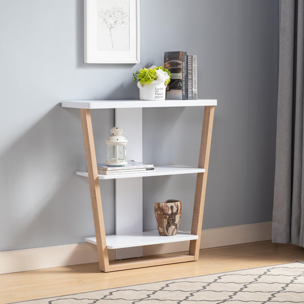English Elm Contemporary Console Table With 3 Open Shelves - Stylish Two-Tone Design For Modern Spaces B107131387