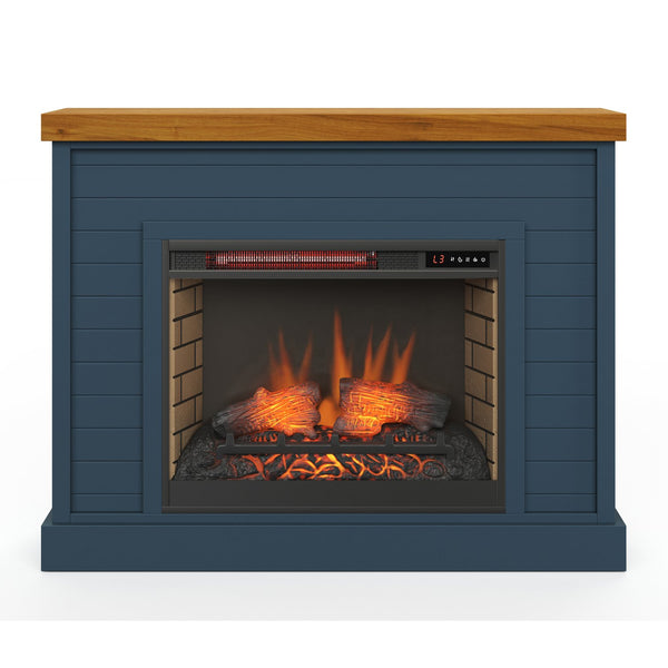 English Elm 48 Inch Fireplace Mantel with Shiplap Panels and Plank Top, Two-Tone Farmhouse Charm, Electric Heat Blue B108131559