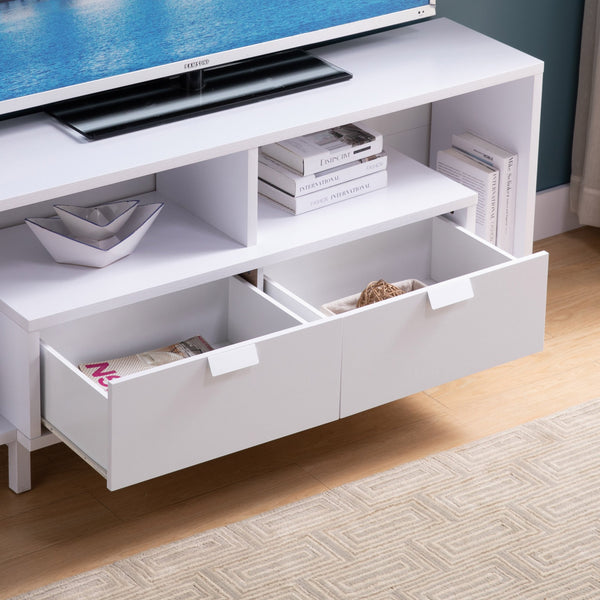 English Elm Modern 60" TV Stand with Two Drawers, Open Shelves & Cable Management — Sturdy U-Legs, White (97) B107131409