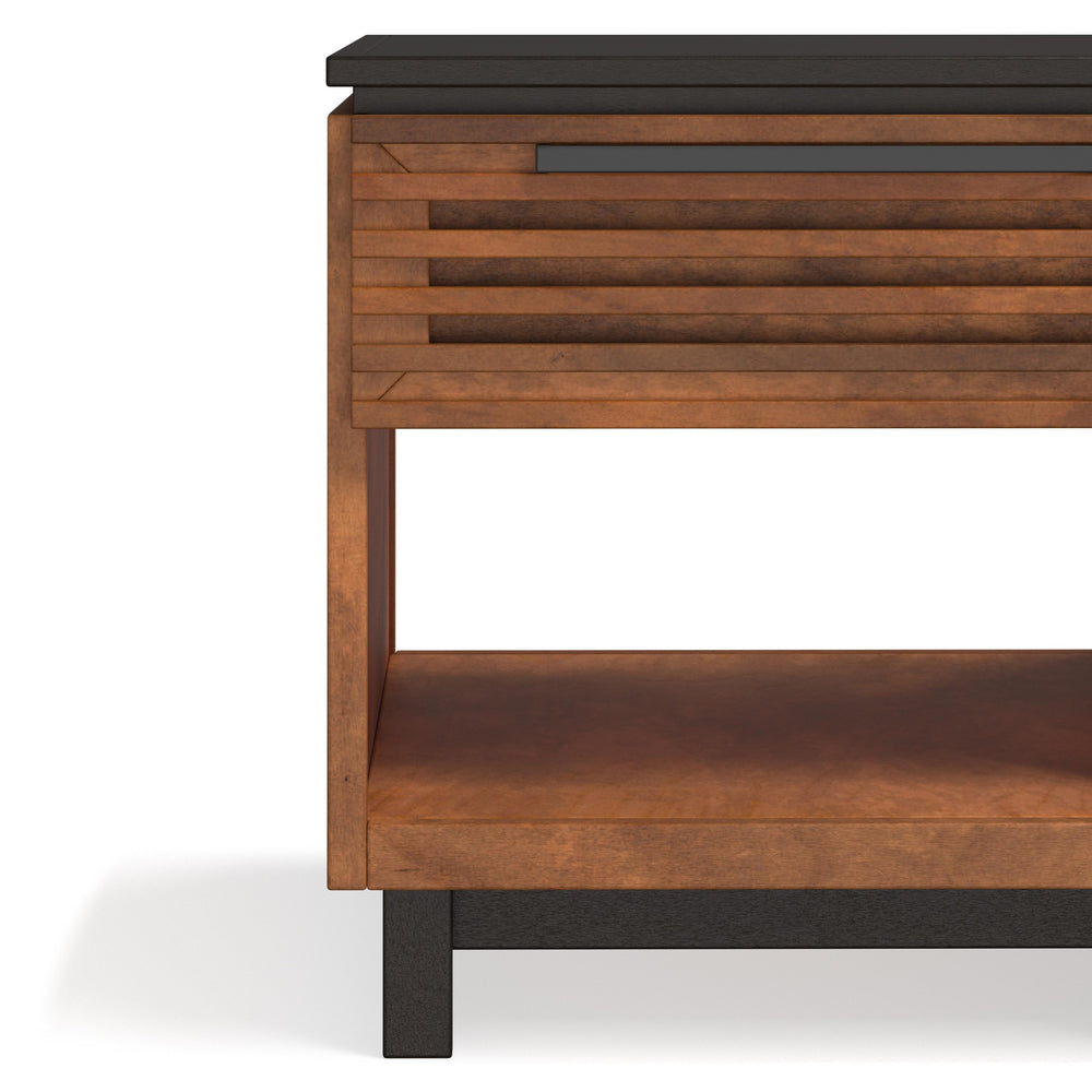 English Elm 24" Scandinavian Side Table in Black & Bourbon Finish, Poplar/Okume Craft, Drawer + Shelf, Ready B108131541