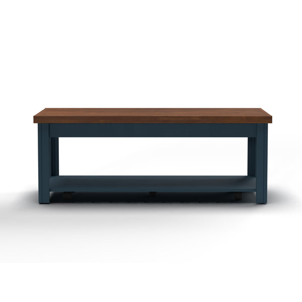 English Elm 48 inch Coffee Table Blue Denim & Whiskey Two-Tone Farmhouse Poplar Top with Shelf, Casters, Ready-to-Use B108131555