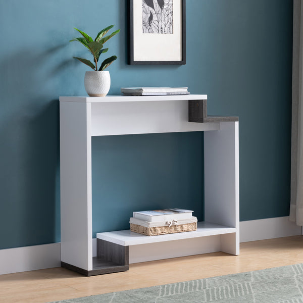 English Elm Contemporary Multi-Shelf Console Table in White & Grey — Modern Entryway Organizer with Storage Space B107131400