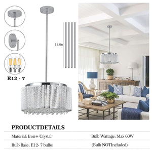 English Elm 16" Elegant Crystal Pendant Chandelier 7-Light Drum Fixture with K9 Crystals for Dining Room Ambiance Chrome,Transparent W1340120157