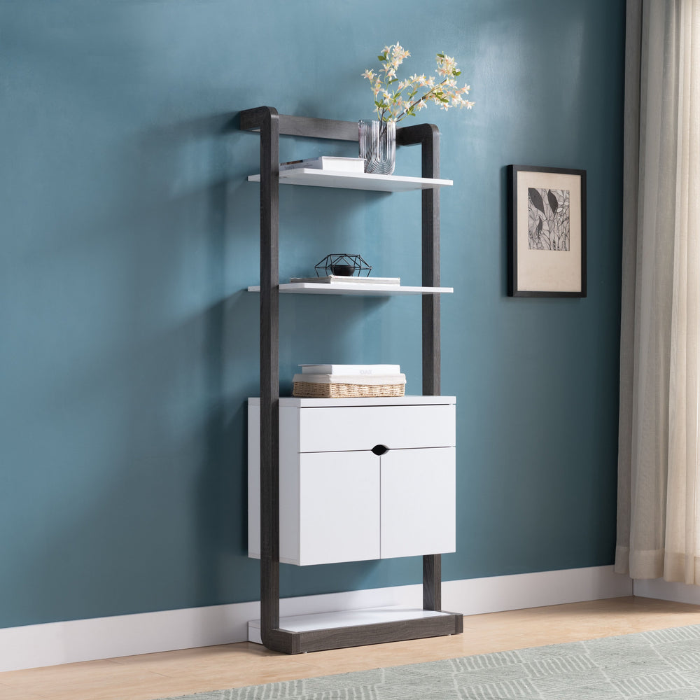 English Elm Contemporary Slim Bookcase White & Grey with 4 Open Shelves, Drawer on Metal Glides & 2 Cabinets B107131398