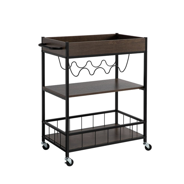 English Elm Rolling Metal Kitchen Cart with Wine Rack Tiered Shelving and Industrial Two-tone Finish B107131418