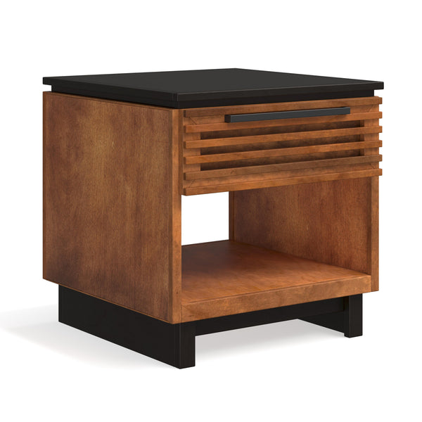 English Elm 24" Scandinavian Side Table in Black & Bourbon Finish, Poplar/Okume Craft, Drawer + Shelf, Ready B108131541