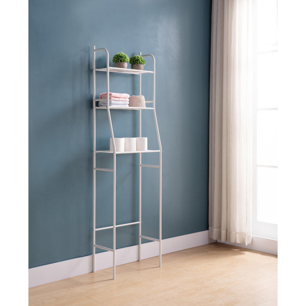 English Elm Three Tier Over-the-Toilet Storage Shelf White – Heavy-Duty Metal Etagere, 3 Slat Shelves, Sturdy Curved Design B107131419