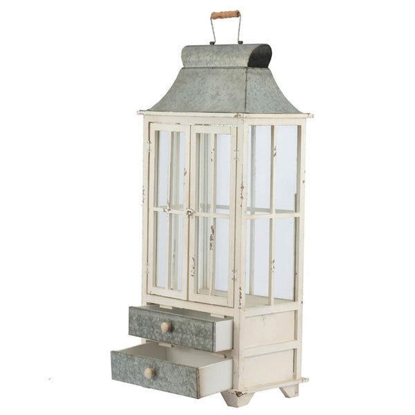 English Elm Wooden Farmhouse Lantern Set Two Fir and Galvanized Metal with Distressed White Finish W2078131630