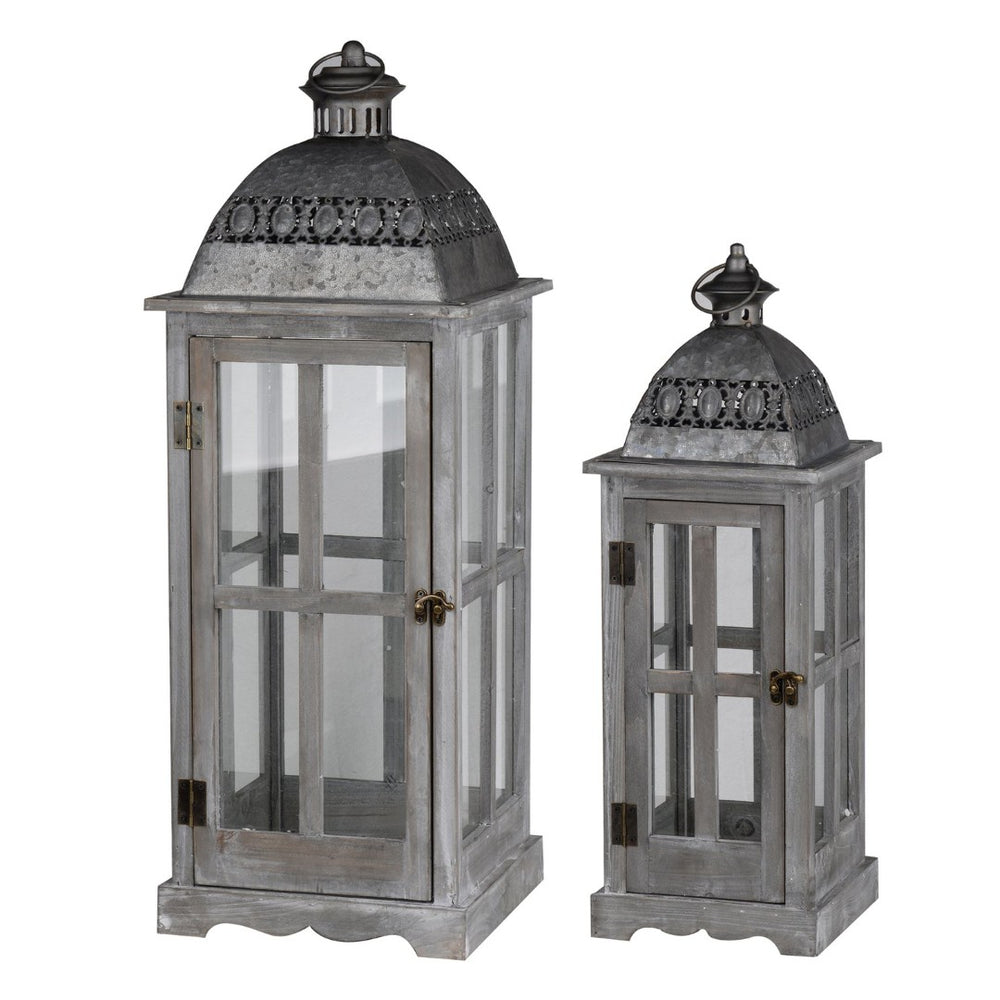 English Elm Wooden Glass Lantern Pair Fir Frame Gray Finish Cottage Style Indoor Garden Decor Set W2078131629