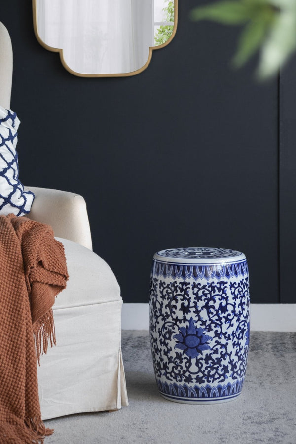 English Elm Ceramic Blue White Porcelain Garden Stool Hand Painted Cobalt Barrel Side Table W2078131635