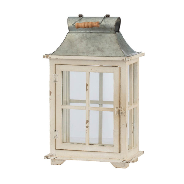 English Elm Wooden Farmhouse Lantern Set Two Fir and Galvanized Metal with Distressed White Finish W2078131630