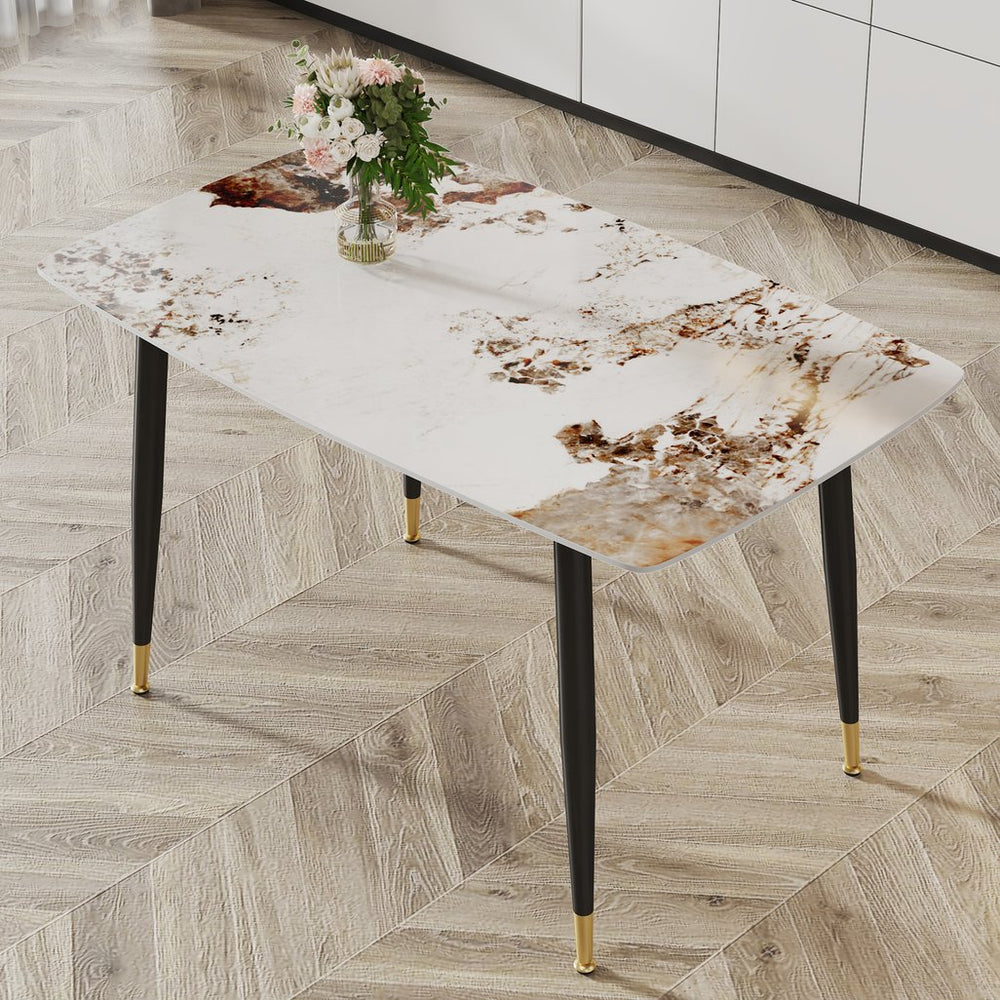 English Elm Modern Minimalist Dining Table With Patterned Sintered Stone Top & Sturdy Black Metal Legs, F-001 W1151S00398