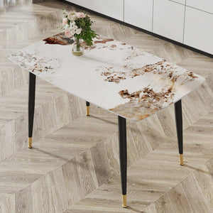 English Elm Modern Minimalist Dining Table With Patterned Sintered Stone Top & Sturdy Black Metal Legs, F-001 W1151S00398