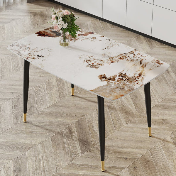 English Elm Modern Minimalist Dining Table With Patterned Sintered Stone Top & Sturdy Black Metal Legs, F-001 W1151S00398