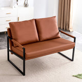 English Elm Pu Leather Armchair Metal Frame Cushion Armchair, Cushion Backrest, Living Room Sofa 1 Double Sofa+2 Single Sofa (Brown Pu Leather+Metal Frame+Foam) Sf-008