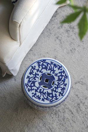 English Elm Ceramic Blue White Porcelain Garden Stool Hand Painted Cobalt Barrel Side Table W2078131635