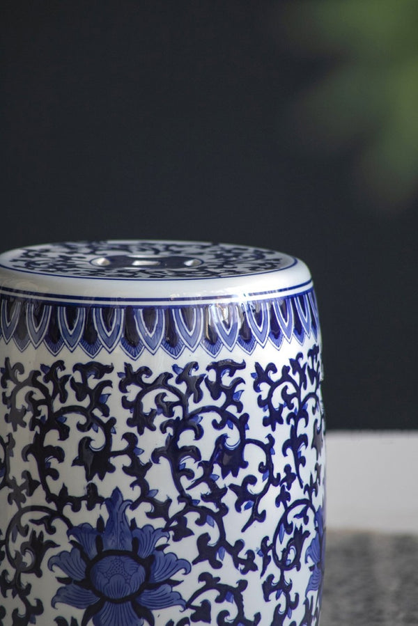 English Elm Ceramic Blue White Porcelain Garden Stool Hand Painted Cobalt Barrel Side Table W2078131635