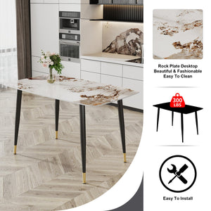 English Elm Modern Minimalist Dining Table With Patterned Sintered Stone Top & Sturdy Black Metal Legs, F-001 W1151S00398