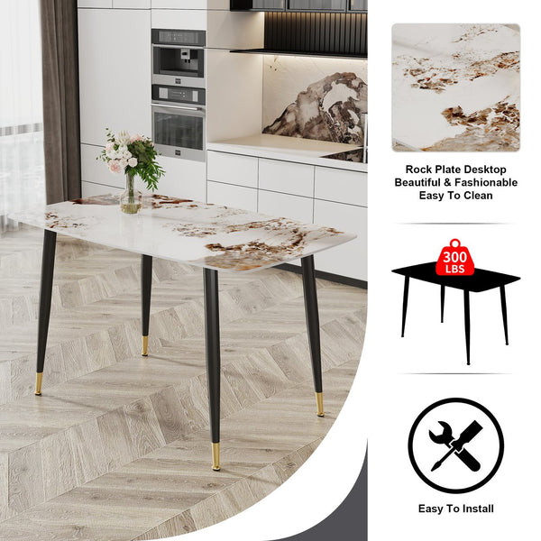 English Elm Modern Minimalist Dining Table With Patterned Sintered Stone Top & Sturdy Black Metal Legs, F-001 W1151S00398
