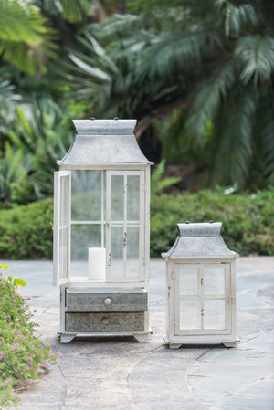 English Elm Wooden Farmhouse Lantern Set Two Fir and Galvanized Metal with Distressed White Finish W2078131630