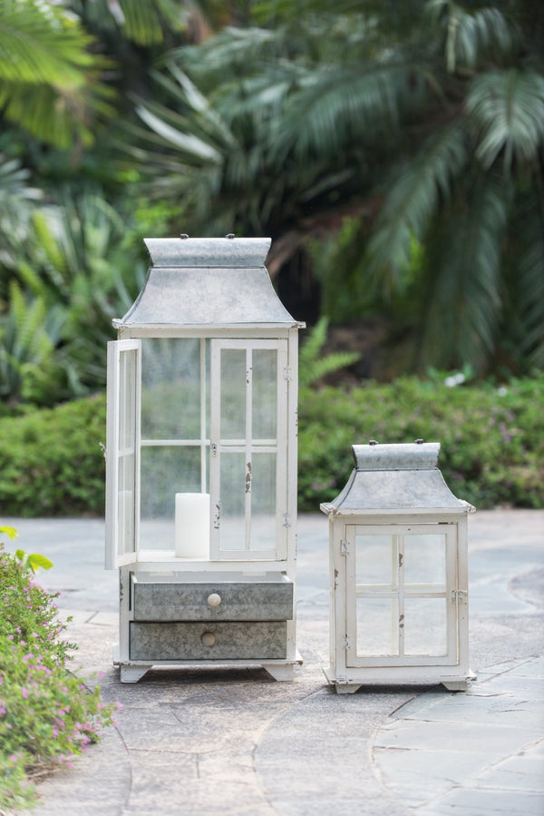 English Elm Wooden Farmhouse Lantern Set Two Fir and Galvanized Metal with Distressed White Finish W2078131630