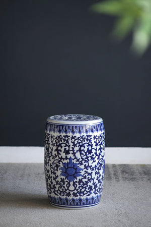 English Elm Ceramic Blue White Porcelain Garden Stool Hand Painted Cobalt Barrel Side Table W2078131635