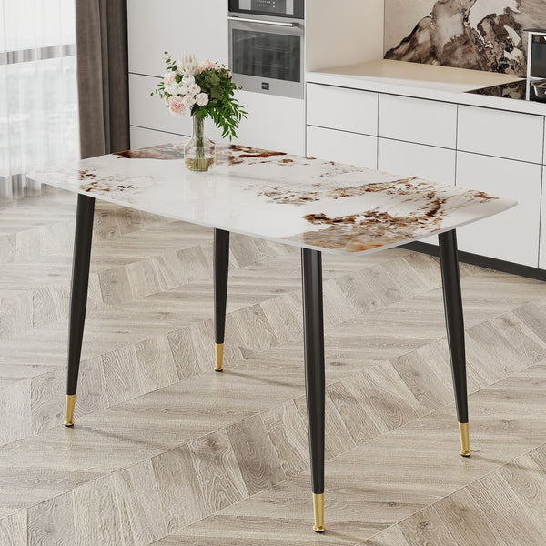 English Elm Modern Minimalist Dining Table With Patterned Sintered Stone Top & Sturdy Black Metal Legs, F-001 W1151S00398
