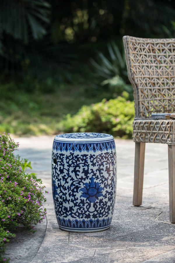 English Elm Ceramic Blue White Porcelain Garden Stool Hand Painted Cobalt Barrel Side Table W2078131635