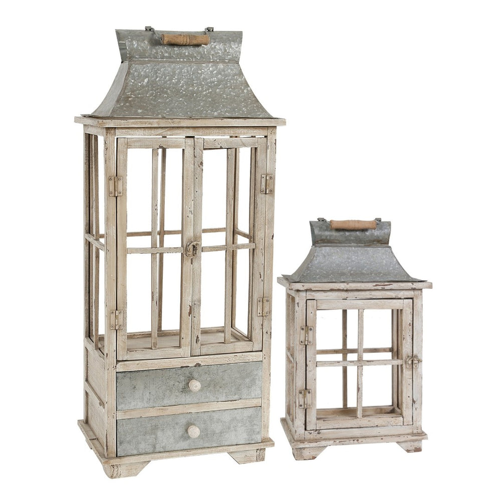 English Elm Wooden Farmhouse Lantern Set Two Fir and Galvanized Metal with Distressed White Finish W2078131630
