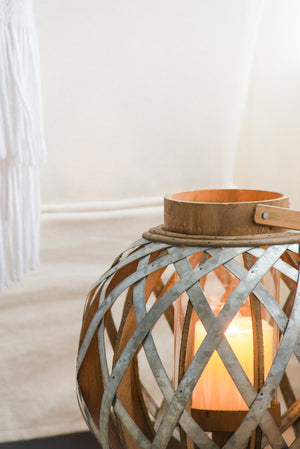 English Elm Decorative Lantern With Bamboo Handle - Rustic Iron-Caged Indoor Outdoor Lighting For Events & Homes W2078131631