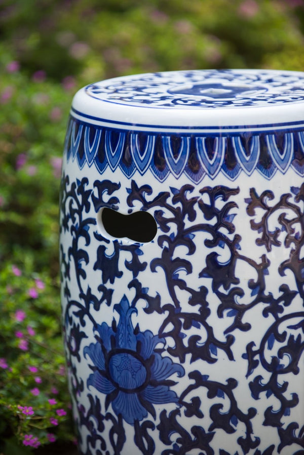 English Elm Ceramic Blue White Porcelain Garden Stool Hand Painted Cobalt Barrel Side Table W2078131635