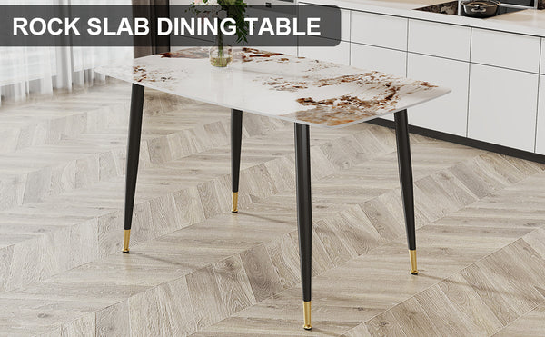 English Elm Modern Minimalist Dining Table With Patterned Sintered Stone Top & Sturdy Black Metal Legs, F-001 W1151S00398