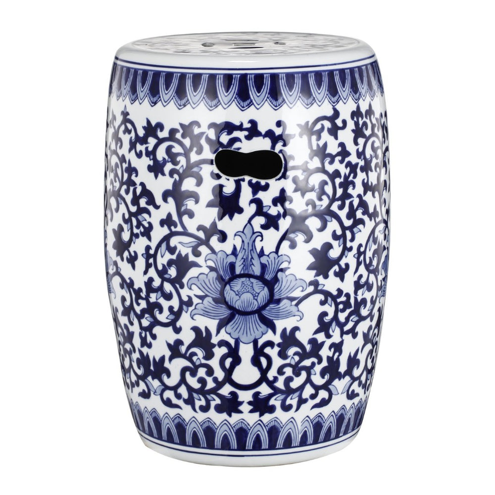 English Elm Ceramic Blue White Porcelain Garden Stool Hand Painted Cobalt Barrel Side Table W2078131635