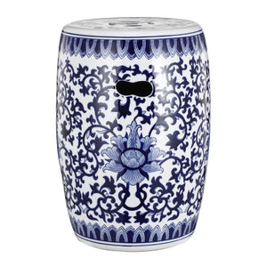 English Elm Ceramic Blue White Porcelain Garden Stool Hand Painted Cobalt Barrel Side Table W2078131635