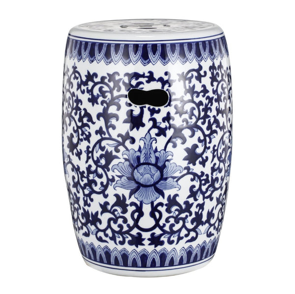 English Elm Ceramic Blue White Porcelain Garden Stool Hand Painted Cobalt Barrel Side Table W2078131635