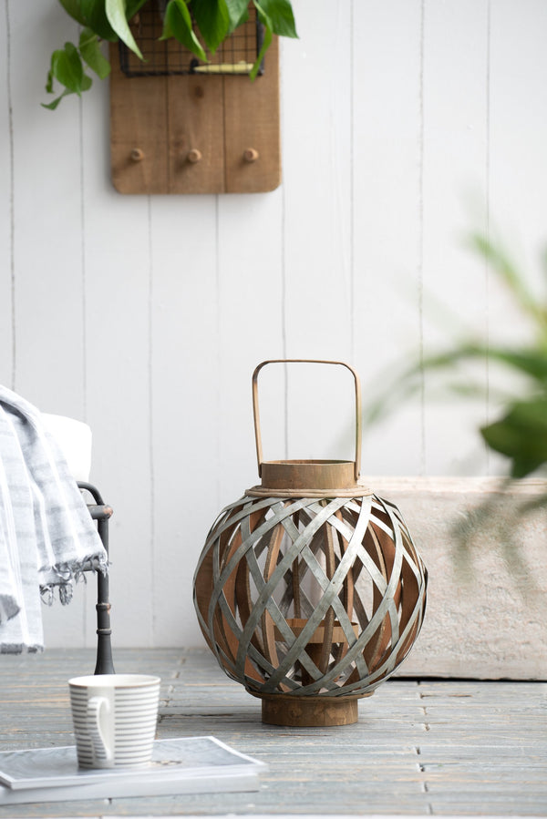 English Elm Decorative Lantern With Bamboo Handle - Rustic Iron-Caged Indoor Outdoor Lighting For Events & Homes W2078131631