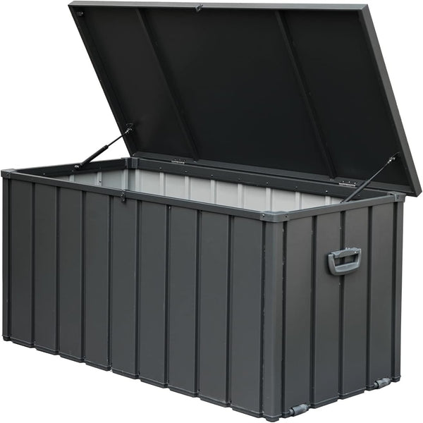 English Elm 120 Gallon Outdoor Storage Deck Box - Waterproof Steel Patio Bin with Rollers, Lockable, Durable Shade W1859131832