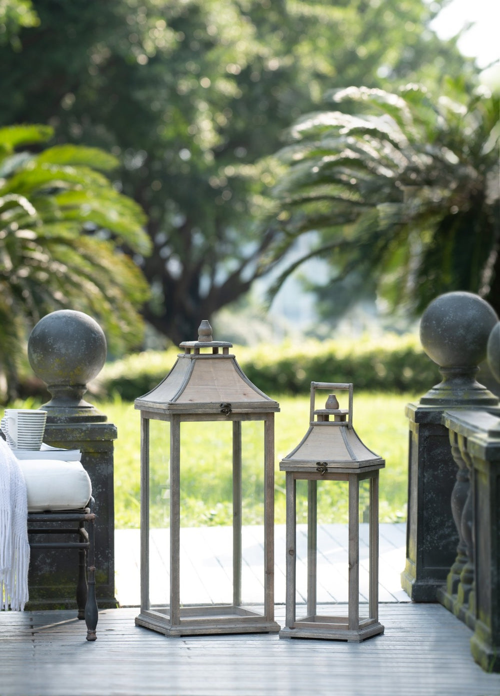 English Elm Wooden Hurricane Lantern Set Fir Frame Glass Panels Indoor Outdoor Candle Decor Pair W2078131625