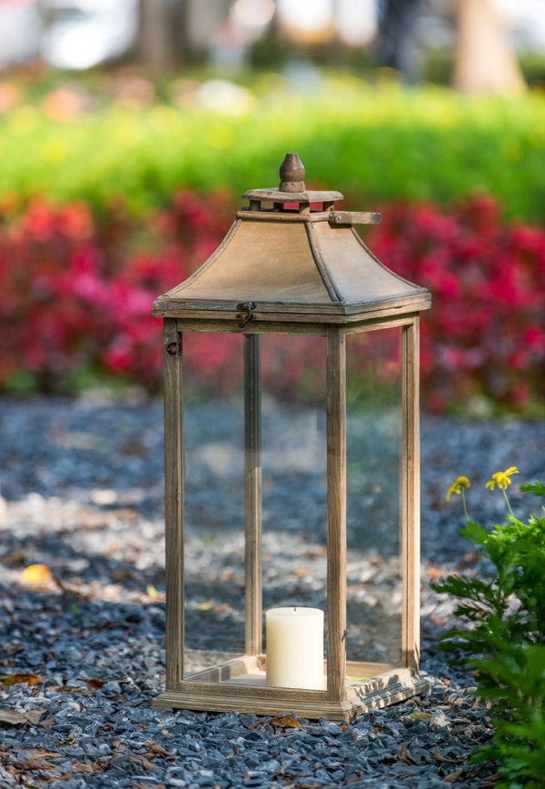 English Elm Wooden Hurricane Lantern Set Fir Frame Glass Panels Indoor Outdoor Candle Decor Pair W2078131625