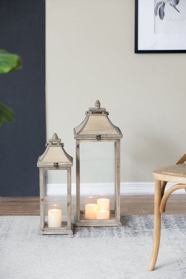 English Elm Wooden Hurricane Lantern Set Fir Frame Glass Panels Indoor Outdoor Candle Decor Pair W2078131625